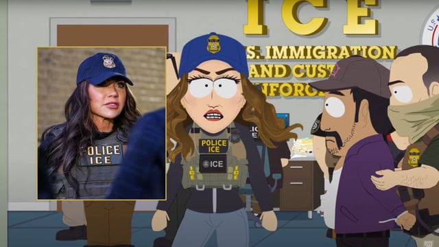 Nuevo episodio de South Park critica a Kristi Noem mostrando cómo dispara a cachorros, en referencia a su confesión real. Foto: CNN, Milenio