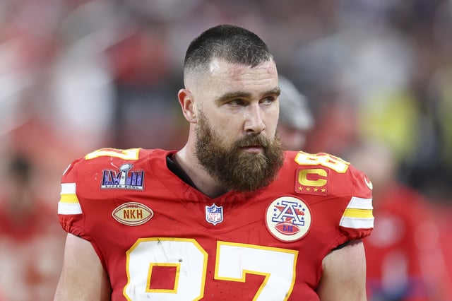 Travis Kelce #87 of the Kansas City Chiefs looks on from the sidelines during Super Bowl LVIII against the San Francisco 49ers at Allegiant Stadium on February 11, 2024 in Las Vegas, NV.