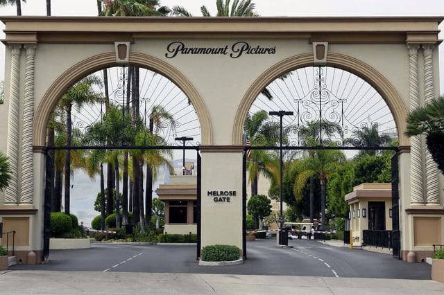 FILE - The main gate to Paramount Studios is seen on Melrose Avenue, July 8, 2015, in Los Angeles.  (AP Photo/Nick Ut, File)