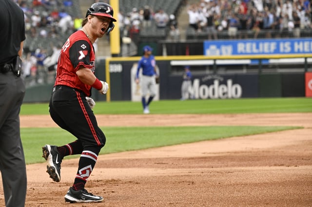 Jul 25, 2025; Chicago, Illinois, USA;  Chicago White Sox shortstop Chase Meidroth (10) yells after hitting a home run during the first inning against the Chicago Cubs at Rate Field. Mandatory Credit: Matt Marton-Imagn Images/File Photo