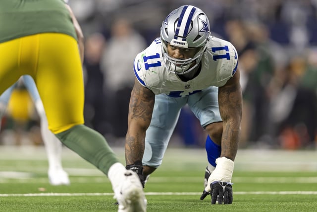 Micah Parsons #11 of the Dallas Cowboys lines up during an NFL wild-card playoff football game between the Dallas Cowboys and the Green Bay Packers at AT&amp;T Stadium on January 14, 2024 in Arlington, Texas.