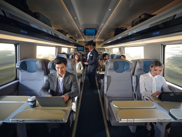 Seats on the new trains have winged headrests, reading lights, individual power outlets and other upgrades for passengers.