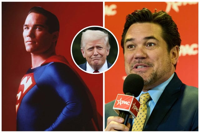 Dean Cain in &#34;Lois and Clark: The New Adventures of Superman&#34; in 1996, left, Dean Cain in 2025, right, and President Donald Trump, inset. (Getty Images)