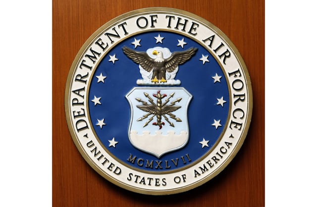 FILE - The logo of the Department of the U.S. Air Force at the United Staes embassy, in Berlin, Aug. 10, 2007. (AP Photo/Michael Sohn, File)