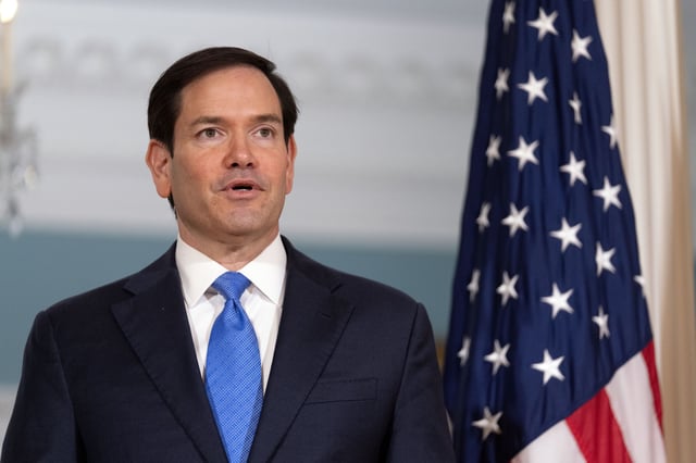 Secretary of State Marco Rubio answers a reporter's question ahead of a meeting with Serbian Foreign Minister Marko Djuric at the State Department, Wednesday, Aug. 6, 2025, in Washington. (AP Photo/Mark Schiefelbein)