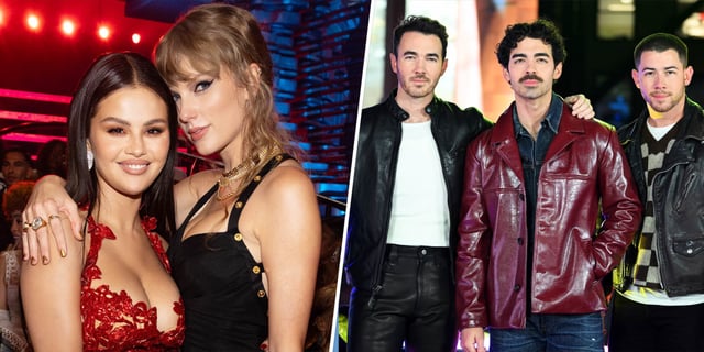 (L) Selena Gomez and Taylor Swift in 2023. (R) The Jonas Brothers in 2024.