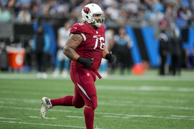 Oct 2, 2022; Charlotte, North Carolina, USA; Arizona Cardinals guard Will Hernandez (76) leaves the field after being ejected during the second half against the Carolina Panthers at Bank of America Stadium. Mandatory Credit: Jim Dedmon-USA TODAY Sports/File Photo