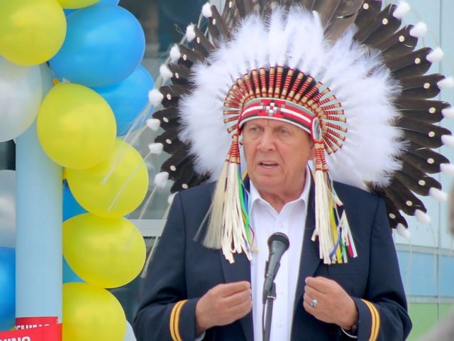 Tsuut'ina Nation Chief Roy Whitney speaks to attendees at a ribbon-cutting for the Nation's new language house on Friday, June 27, 2025. The facility will be dedicated to preservation of the Tsuut'ina language. Photo by Scott Strasser