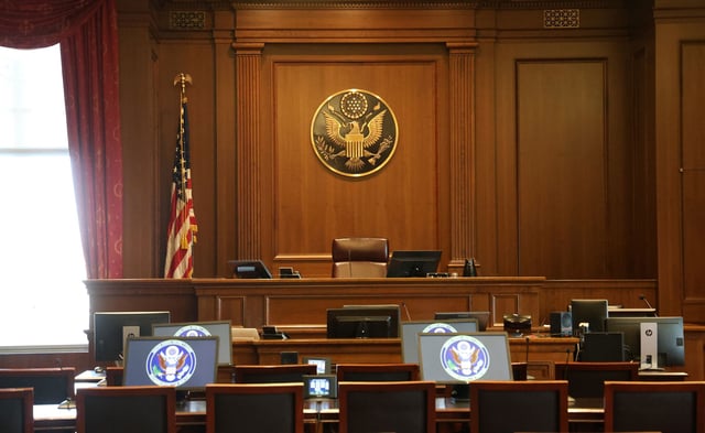 Computers are seen inside a federal courtroom in New York on June 6.