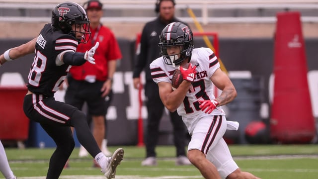 Price Morgan (13) runs after a catch during the Texas Tech football team&#39;s spring game, Saturday, April 19, 2025, at Jones AT&amp;T Stadium.