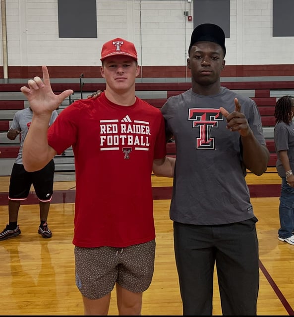 Benedictine junior LaDamion Guyton (right) committed to play football at Texas Tech on Thursday, Aug. 7, 2025. He's pictured with Cadet teammates Stephen Cannon, a senior quarterback also committed to Texas Tech.