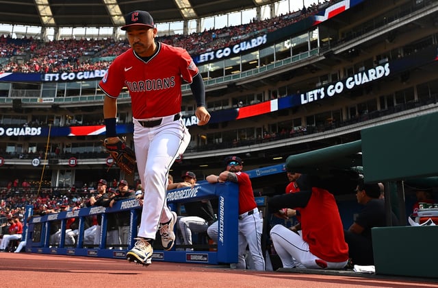 CLEVELAND, OHIO - AUGUST 2: Steven Kwan #38 of the Cleveland Guardians takes the field in the first inning during the game against the Minnesota Twins at Progressive Field on August 2, 2025 in Cleveland, Ohio.