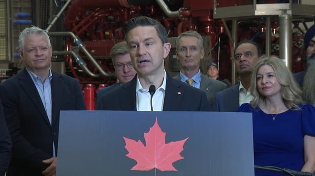 Conservative leader Pierre Poilievre speaks to the media in Calgary on Thursday where he chastized BC Premier David Eby for saying there is no point discussing a new pipeline to the west coast until there is a proponent for such a project.