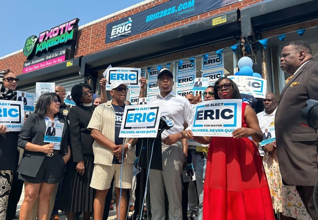 Mayor Eric Adams is pictured at the opening of a new campaign office in Brooklyn on Thursday, Aug. 7, 2025. (Chris Sommerfeldt / New York Daily News)