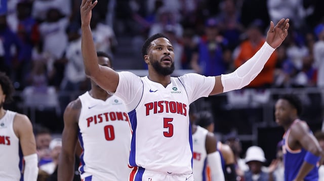 Pistons guard Malik Beasley (5) fires up the crowd in the first half against the New York Knicks during game six of first round for the 2024 NBA Playoffs at Little Caesars Arena