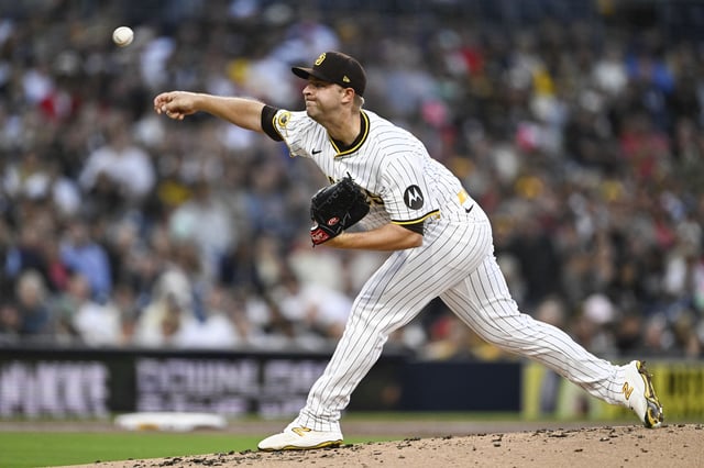 May 12, 2025; San Diego, California, USA; San Diego Padres starting pitcher Michael King (34) delivers during the second inning against the Los Angeles Angels at Petco Park. Mandatory Credit: Denis Poroy-Imagn Images/File Photo