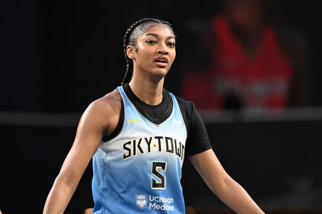 Angel Reese #5 of the Chicago Sky looks on against the Atlanta Dream during the first quarter at Gateway Center Arena on June 13, 2025 in College Park, Georgia.