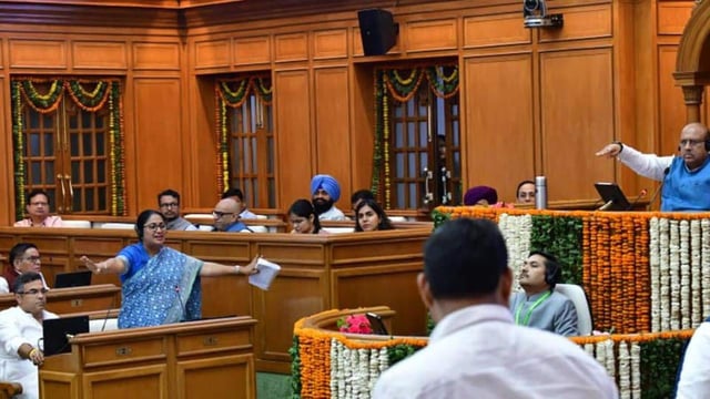 Delhi CM Rekha Gupta with her cabinet colleagues during monsoon session of Delhi legislative assembly on Thursday. (Hindustan Times)