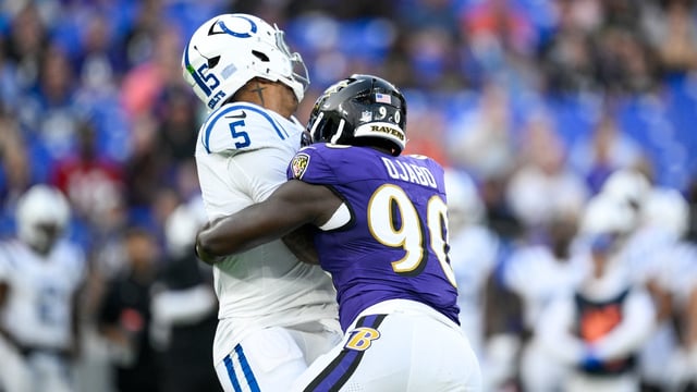 Indianapolis Colts quarterback Anthony Richardson Sr. was sacked by Baltimore Ravens linebacker David Ojabo.