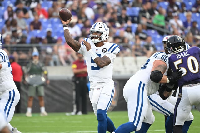 Aug 7, 2025; Baltimore, Maryland, USA; Indianapolis Colts quarterback Anthony Richardson Sr. (5) attempts a pass against the Baltimore Ravens during the first quarter at M&T Bank Stadium. Mandatory Credit: Rafael Suanes-Imagn Images