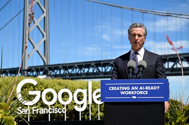 Gov. Gavin Newsom speaks at Google’s San Francisco office complex on Aug. 7, 2025, about a new joint effort with some of the world’s leading tech companies to help better prepare California’s students and workers for the next generation of technology.