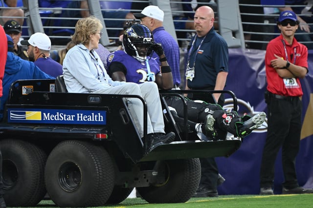 Aug 7, 2025; Baltimore, Maryland, USA; Baltimore Ravens cornerback Bilhal Kone (31) is carted off the field after suffering an injury during the first quarter against the Indianapolis Colts at M&T Bank Stadium. Mandatory Credit: Rafael Suanes-Imagn Images