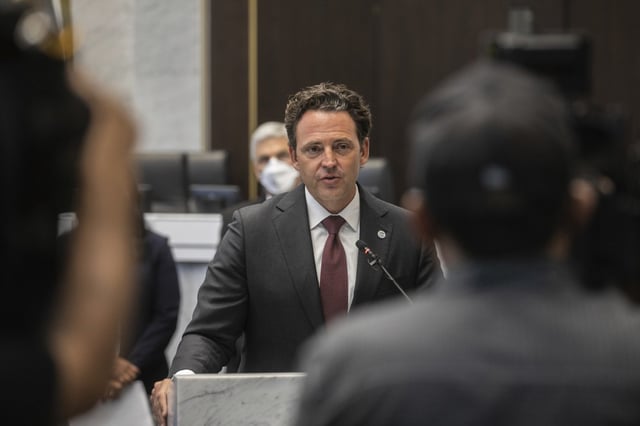 San Diego County Supervisor Nathan Fletcher speaks at a press conference at San Diego County Administration Building in San Diego on Tuesday, Aug. 2, 2022 announcing a local state of emergency on the mpox outbreak. (Adriana Heldiz / The San Diego Union-Tribune)