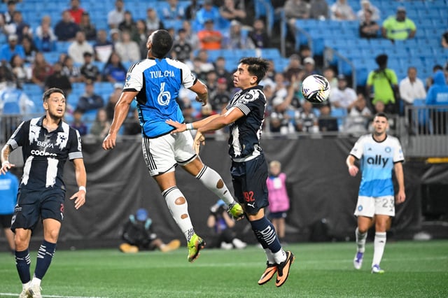 Aug 7, 2025; Charlotte, NC, USA; Charlotte FC defender Bill Tuiloma (6) and Monterrey forward Joaquin Moxica (192) fightf or the ball in front of the goal in the first half at Bank of America Stadium. Mandatory Credit: Bob Donnan-Imagn Images