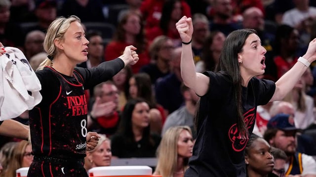 Indiana Fever guard Sophie Cunningham (8) reacts to a call from he referee with Indiana Fever guard Caitlin Clark (22) on Wednesday, July 30, 2025, during the game at Gainbridge Fieldhouse in Indianapolis. The Indiana Fever defeated the Phoenix Mercury, 107-101. Mandatory Credit: Grace Hollars/IndyStar / USA TODAY NETWORK via Imagn Images