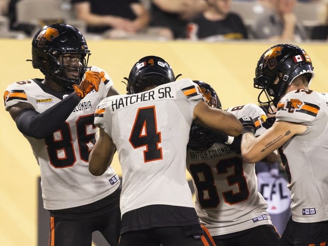 B.C. Lions' Jevon Cottoy (86) celebrates his touchdown with teammates during first half CFL football action against the Hamilton Tiger-Cats in Hamilton.