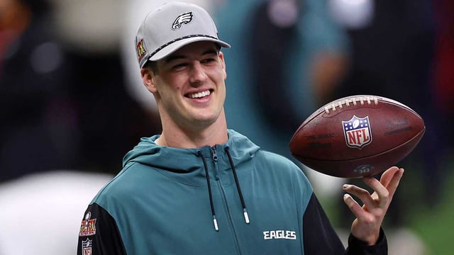 Feb 9, 2025; New Orleans, LA, USA; Philadelphia Eagles quarterback Tanner McKee (16) during warmups before Super Bowl LIX between the Philadelphia Eagles and the Kansas City Chiefs at Caesars Superdome. Mandatory Credit: Bill Streicher-Imagn Images