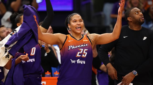 Aug 7, 2025; Phoenix, Arizona, USA; Phoenix Mercury forward Alyssa Thomas (25) celebrates after becoming the first player in WNBA history to record three triple doubles in a row against the Indiana Fever at PHX Arena. Mandatory Credit: Mark J. Rebilas-Imagn Images