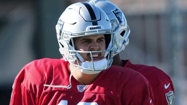 Jul 24, 2025; Henderson, NV, USA; Las Vegas Raiders quarterback Aidan O&#39;Connell (12) during training camp at the Intermountain Healthcare Performance Center. Mandatory Credit: Kirby Lee-Imagn Images
