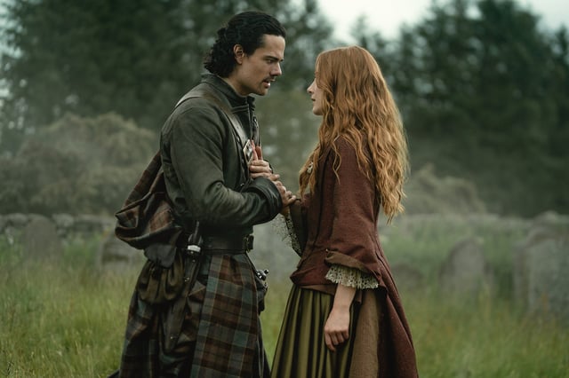 Jamie Roy (“Brian Fraser”) and Harriet Slater (“Ellen MacKenzie”) in Outlander: Blood of My Blood.