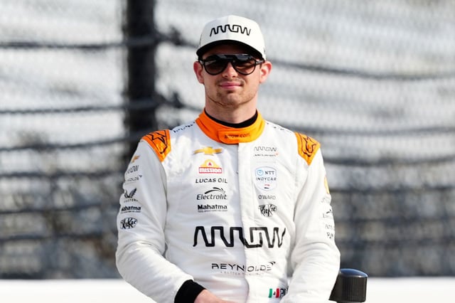 INDIANAPOLIS, IN - MAY 19: IndyCar driver and 3rd fastest qualifier Pato O'Ward (5) poses with his car during the front row photo shoot for the 109th Running of the Indianapolis 500 on May 19, 2025, at the Indianapolis Motor Speedway in Indianapolis, Indiana. (Photo by Brian Spurlock/Icon Sportswire) (Icon Sportswire via AP Images)