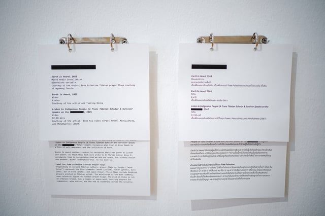 Artist names are seen blacked out following censorship at the exhibition titled ‘Constellation of Complicity: Visualising the Global Machinery of Authoritarian Solidarity’, at the Bangkok Arts and Cultural Centre (BACC) in Bangkok, Thailand, August 7, 2025. REUTERS/Athit Perawongmetha