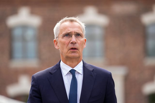 Norway's Finance Minister Jens Stoltenberg comments on Norges Bank's interest rate decision outside the Prime Minister's office, in Oslo, Norway, June 19, 2025 . NTB/Fredrik Varfjell via REUTERS/File Photo