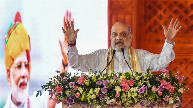 Union home minister Amit Shah addresses a public meeting, in Sitamarhi, Bihar, Friday, Aug. 8, 2025. 