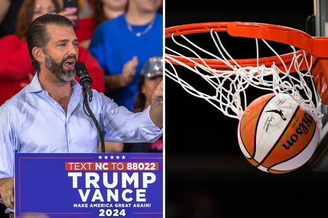L: Donald Trump, Jr., son of former US President and Republican presidential candidate Donald Trump, speaks at a campaign rally in Sanford, North Carolina, on November 3, 2024. R: The WNBA logo is seen on a basketball before the Las Vegas Aces play the Golden State Valkyries at Chase Center on August 06, 2025 in San Francisco, California.