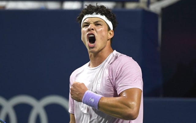 Ben Shelton reacts after winning a game against Karen Khachanov during the singles final at Sobeys Stadium.