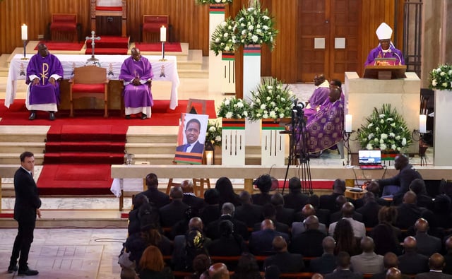 Mourners attend a service, after the Pretoria High Court halted the planned burial of Zambia's former president Edgar Lungu hours before the ceremony following a weeks-long feud between Lungu's family and the Zambian government, in Johannesburg, South Africa, June 25, 2025. REUTERS/Siphiwe Sibeko/File Photo