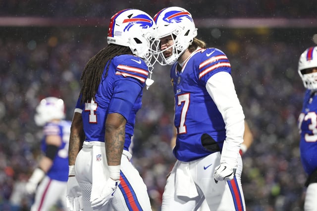ORCHARD PARK, NEW YORK - JANUARY 19: Josh Allen #17 of the Buffalo Bills celebrates with James Cook #4 of the Buffalo Bills after scoring a touchdown during the second quarter in the AFC Divisional Playoff against the Baltimore Ravens at Highmark Stadium on January 19, 2025 in Orchard Park, New York.