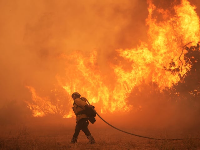 A firefighter battles the Canyon Fire on Thursday, Aug. 7, 2025, in Hasley Canyon, Calif. (AP Photo/Marcio Jose Sanchez)