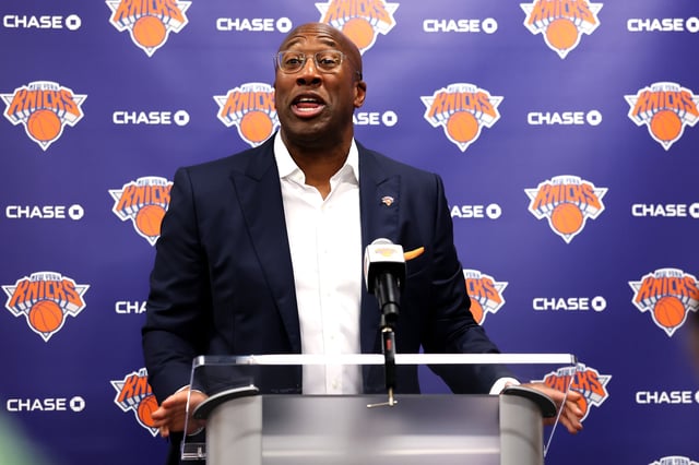 Head coach of Mike Brown of the New York Knicks speaks to media during his introductory press conference at Knicks Training Facility on July 08, 2025 in Tarrytown, New York.