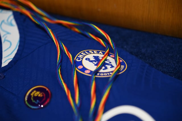 LONDON, ENGLAND - OCTOBER 22: A detail view of rainbow laces in the Chelsea changing room prior to the Premier League match between Chelsea FC and Manchester United at Stamford Bridge on October 22, 2022 in London, England. (Photo by Darren Walsh/Chelsea FC via Getty Images)