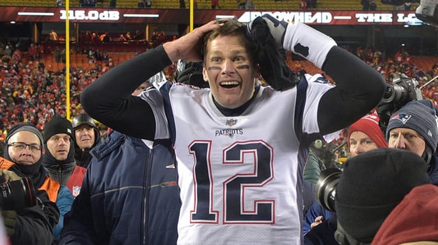 Jan 20, 2019; Kansas City, MO, USA; New England Patriots quarterback Tom Brady (12) reacts after defeating the Kansas City Chiefs during overtime in the AFC Championship game at Arrowhead Stadium. Mandatory Credit: Denny Medley-Imagn Images