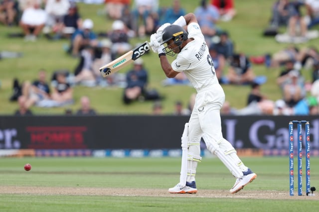Rachin Ravindra, pictured here in action against England last December, hit a century as New Zealand built a big first innings against Zimbabwe