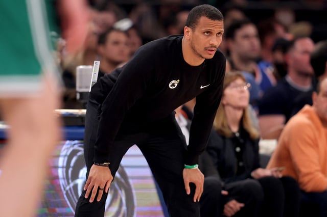 May 16, 2025; New York, New York, USA; Boston Celtics head coach Joe Mazzulla coaches against the New York Knicks during the first quarter of game six in the second round of the 2025 NBA Playoffs at Madison Square Garden. Mandatory Credit: Brad Penner-Imagn Images/File Photo