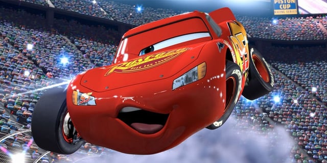 Lightning McQueen mid-air during a race in 'Cars' (2006)