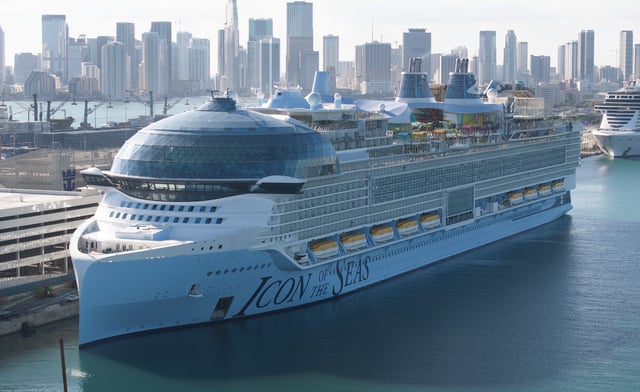 Royal Caribbean’s Icon of the Seas, billed as the world’s largest cruise ship, is moored at PortMiami after returning from its maiden voyage on Feb. 3, 2024, in Miami.